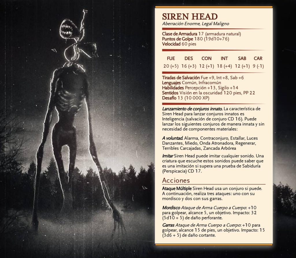 Homebrew en Español para Dungeons & Dragons, D&D, DnD, 5e. Siren Head es una criatura humanoide alta y misteriosa conocida por su aspecto extraño y los diversos sonidos que resuenan en su cabeza.